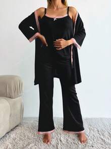 RueChic 100%Cotton Comfortable Lace Patchwork Hollow Out Pajama Set - Black - View 5