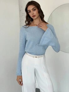 Firerie Pulover tricotat elegant pentru femei, casual, versatil, pentru utilizare zilnică, urbană, cu guler rotund, mâneci lungi evazate, manșete cu crăpături, potrivit pentru toamnă/iarnă, pentru profesoare, stil confortabil de toamnă