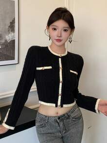 DAZY 女士优雅撞色饰边纽扣针织毛衣，秋季 - 黑色 - 查看 10
