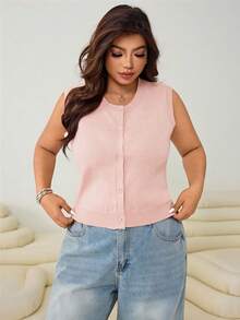 SHEIN EZwear 秋冬休闲大码纯色针织背心 - 粉色 - 查看 5