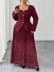 SHEIN Elenzya 2 pièces Blazer veste à manches longues avec col carré, boutons métalliques et ceinture pour femmes grandes tailles, et jupe longue plissée avec patchwork en dentelle, convient pour le travail et les occasions