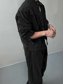 DAZY Men's Solid Black Washed Elastic Waist Design Jacket Set, Autumn - Black - View 6