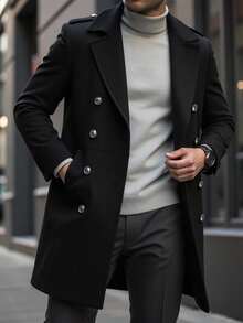 Manfinity Mode Men's Solid Color Pocket & Button Front Long Sleeve Black Overcoat, Autumn Fall Winter - Black - View 5