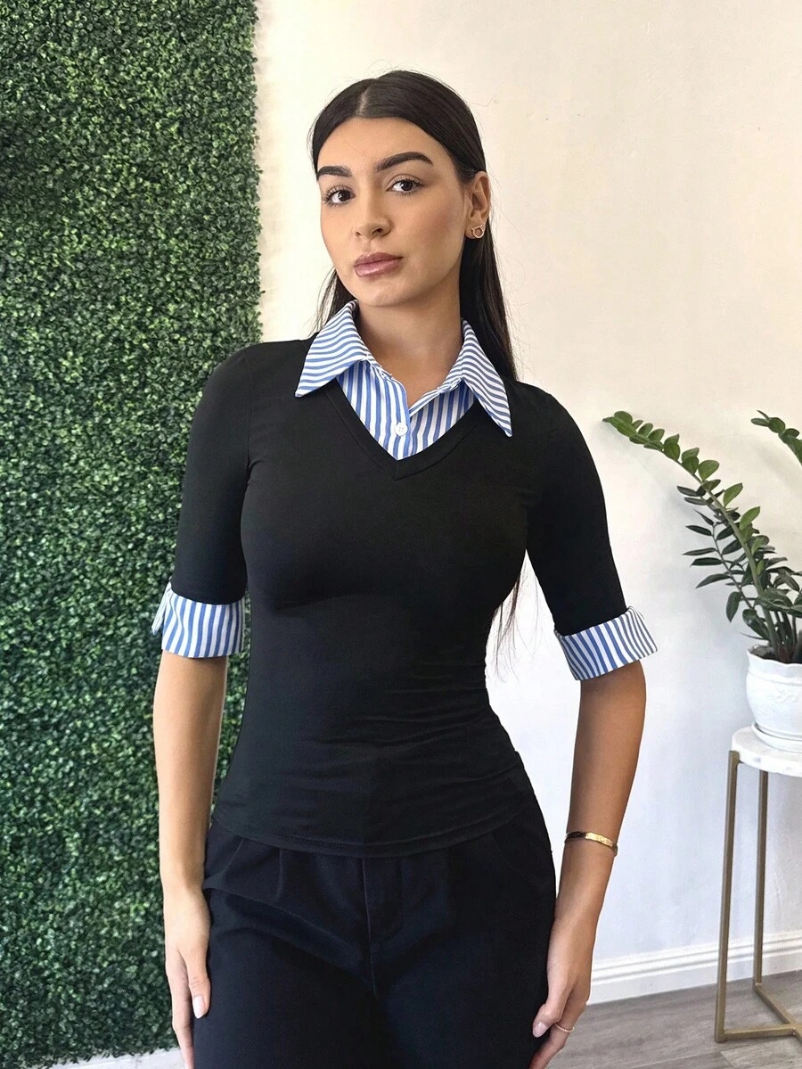 Andrea Bello 女式拼贴风格 Polo 领拼接短袖 T 恤，修身套头衫，春夏 - 黑色 - 查看 1