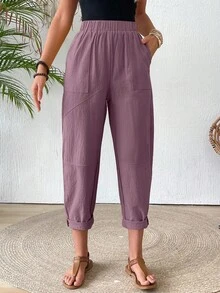 EMERY ROSE Pantaloni de damă din bumbac, cu talie elastică, culoare solidă, cu buzunar, casual