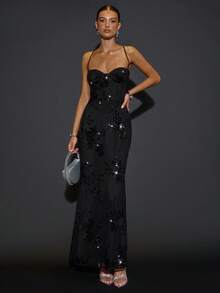 SHEIN BAE Váy dự tiệc cocktail dài thanh lịch thêu kim sa, dây mảnh, viền đuôi cá dành cho nữ, váy dự tiệc ngắn màu đen, thích hợp cho các bữa tiệc, sự kiện trang trọng, dạ hội, ngày lễ, Halloween, Giáng sinh - màu đen - Xem 1