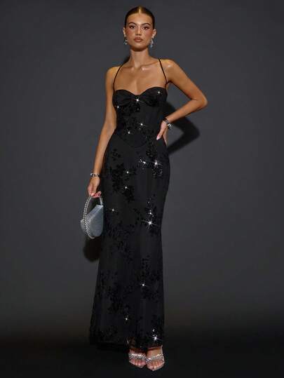 SHEIN BAE Women's Elegant Extra Long Sequin Embroidered Spaghetti Strap Mermaid Hem Cocktail Party Dress, Black Mini Formal Dress, Suitable For Party, Formal Events, Galas, Holidays,Winter Dress Women ,Fall Clothes For Women,Halloween Costume For Women,Christmas Party Dress,Elegant Dress Women,Wedding Guest Dress, Sequin Dress,Black Dress,Valentine's Day,Valentine Outfits For Women