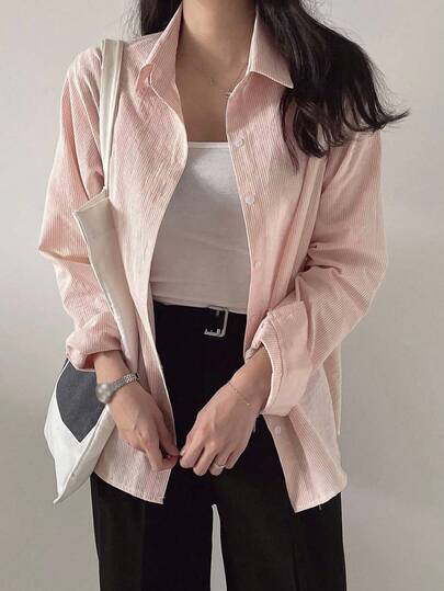 DAZY 少女休闲宽松条纹衬衫，秋季长袖上衣