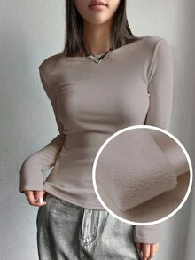 DAZY Women's Solid Color Round Neck Long Sleeve Fitted Casual T-Shirt With Thermal Lined, Autumn/Winter