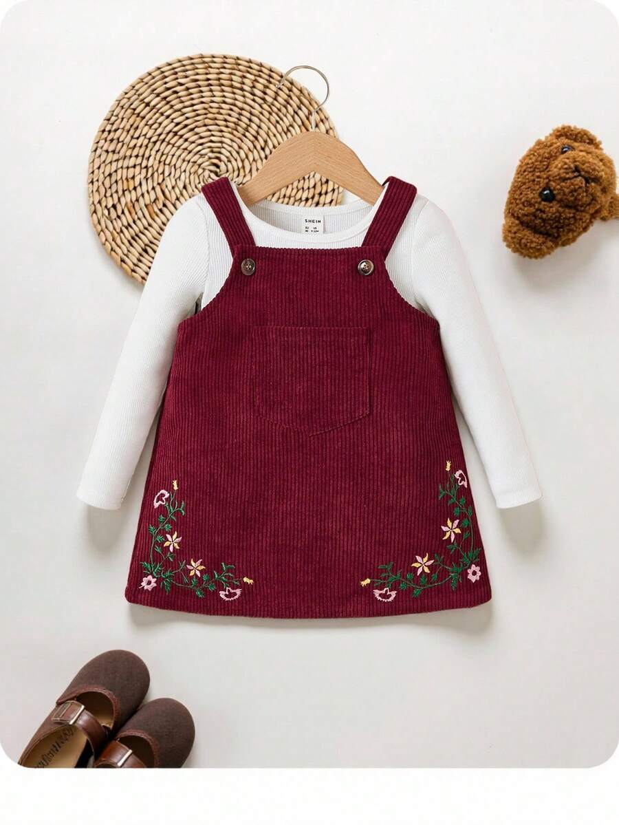 SHEIN Baby Girl Cute Casual Red Corduroy Embroidered Suspender Dress, Suitable For Christmas