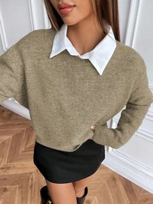 SHEIN 休闲风格纯色圆领针织长袖毛衣 - 卡其色 - 查看 4