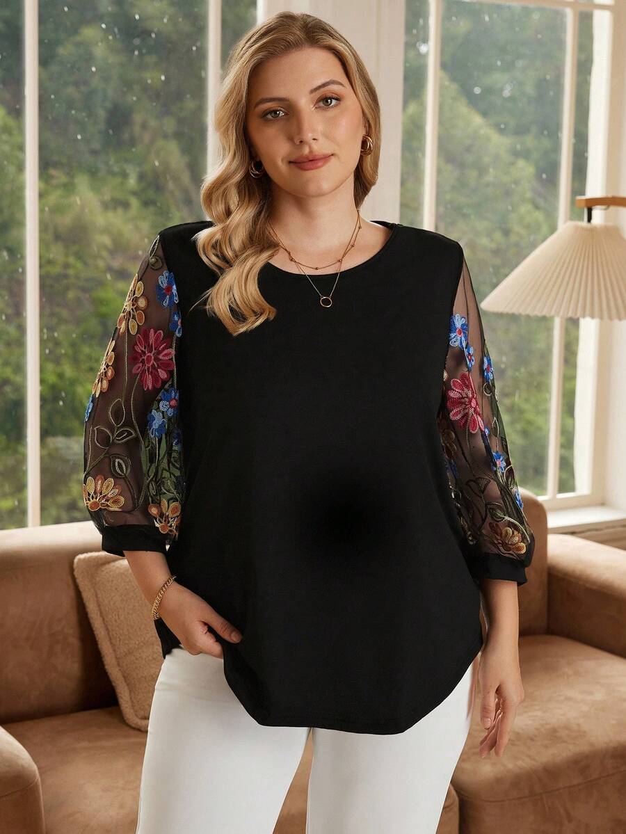 Rosumi 大码女式乡村复古花卉刺绣网眼拼接度假上衣，女式夏季服装 - 彩色 - 查看 1