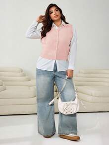 SHEIN EZwear 秋冬休闲大码纯色针织背心 - 粉色 - 查看 3