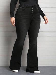 EMERY ROSE Plus Size Women Spring Elastic Waist Jeans, Multiple Button Design Skinny Flared Pants - Black - View 6