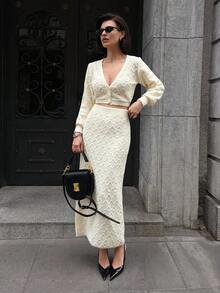 SHEIN Unity 2 件套女士纯色休闲意大利波浪图案优雅长袖毛衣套装，秋冬 - 杏色 - 查看 3