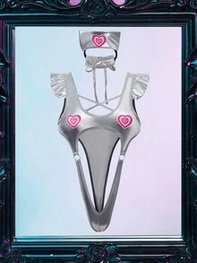 Fantasy Costume 3 件万圣节机器人女友闪亮 PU 拼接迷人性感交叉紧身衣 + 颈领 + 头饰，加大码内衣服装 - 銀色 - 查看 7