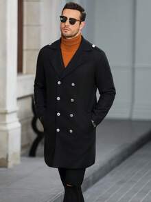 Manfinity Mode Men's Solid Color Pocket & Button Front Long Sleeve Black Overcoat, Autumn Fall Winter - Black - View 6