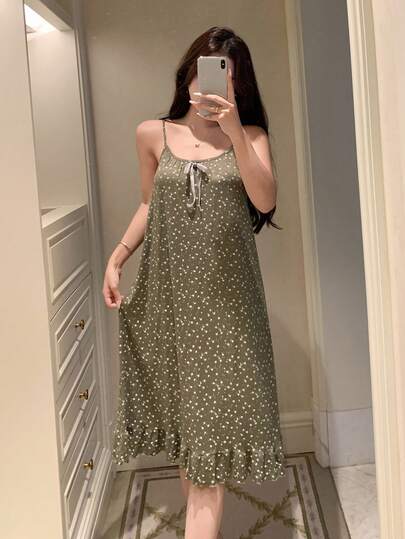 DAZY Ditsy Floral Ruffle Hem Slip Dress Women Nightgown Pajama