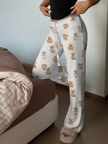 CovetEZ Casual Cute Bear Pattern Low Waist Drawstring Yoga/Lounge Wide Leg Pants, Suitable For Spring & Autumn - Multicolor - View 4