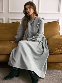 女士灰色圆领荷叶边长袖休闲西部秋季连衣裙“LanaWest” - 灰色 - 查看 7