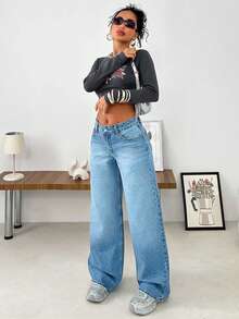 SHEIN Cottnline WOMEN WIDE LEG LOW WAIST JEANS - Baby Blue - View 5
