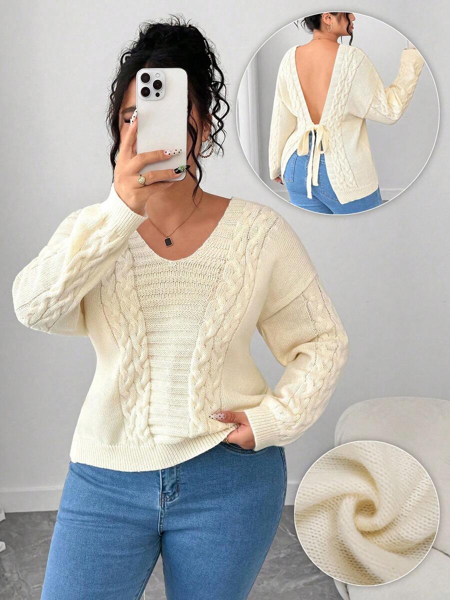 Elenzga 大码女式针织开衫，简约时尚外套，纯色蝴蝶结设计，秋冬款