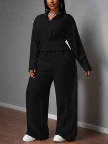 Slaydiva Ensemble décontracté femme grande taille, couleur unie, veste à capuche zippée à manches longues et pantalon, automne/hiver - Noir - Voir 15