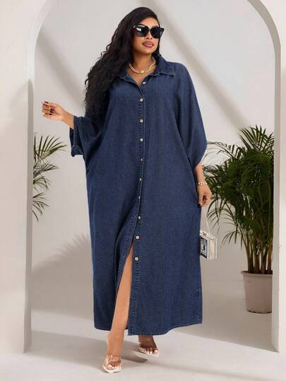 SHEIN SXY 大码女式休闲宽松蝙蝠袖单排扣长款牛仔连衣裙