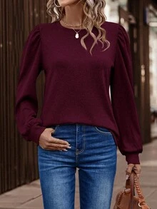 EMERY ROSE Casual Solid Color Puff Sleeve T-Shirt, Versatile For Autumn