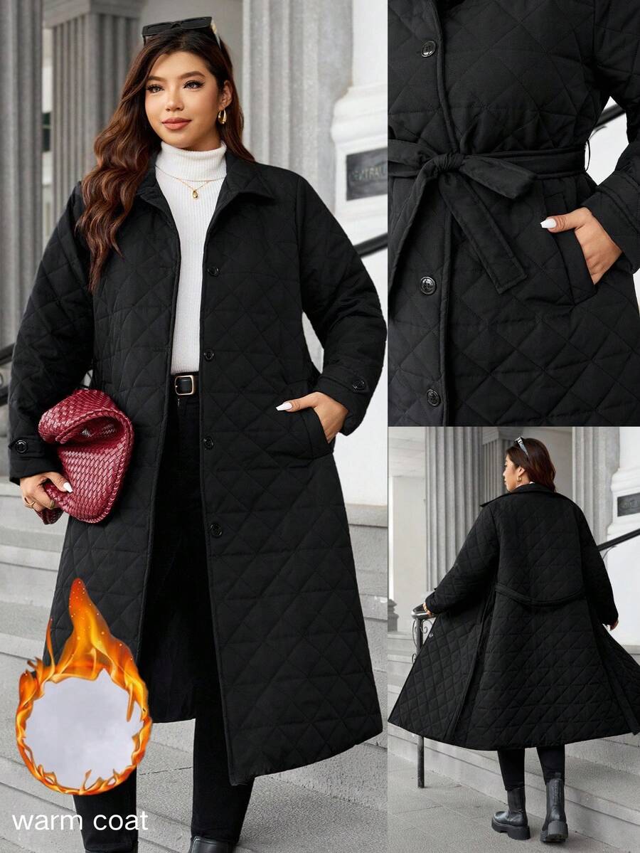 Easura معطف طويل مبطن بالماس مربع الأنيق بأكمام طويلة وطول كبير