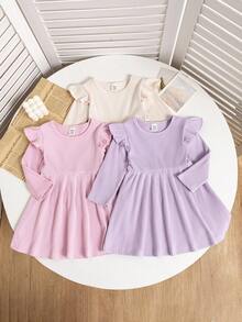 SHEIN Baby Girl Solid Color Round Neck Long Sleeve Ruffle Hem Ribbed Cute Dress - Multicolor - View 5