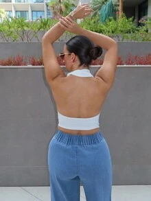 MDEdit Blusa de mujer de unicolor y cuello de vaquero sexy y de moda