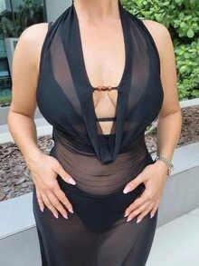 MDEdit Women's Holiday Wear Solid Purple Deep Draped Neck Sexy Backless Dress, Elegant Halter Tie Beach Coverup, Country Concert Outfit