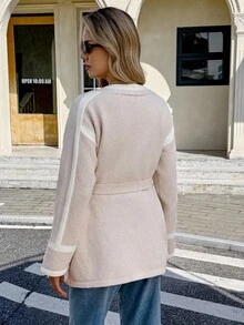 SHEIN Frenchy Women's Autumn/Winter Khaki Apricot Casual Color-Blocked Patchwork Crewneck Warm Thick Cardigan Autumn/Winter Style, Everyday Wear Can Be Worn As Outerwear Or Layered Underneath   Winter Clothes For Women  Women's Winter Coat  Women's Winter Coat  Christmas Sweater  New Year Women's Clothes  Thanksgiving Outfit For Women   Brown Sweater