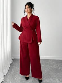 Elenzga Plus Size Red V-Neck Elegant Button Waist Blazer & Wide Leg Pants 2 Pieces Suit Set - Burgundy - View 4