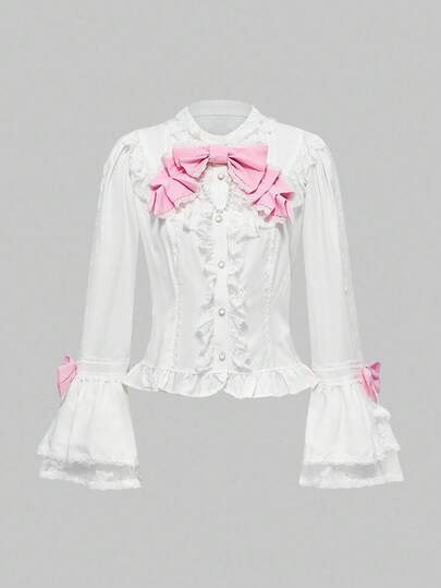 J-Fashion Lolita Sommer Babydoll Kawaii süße 3D Schleife Dekor Puffärmel Damen Bluse