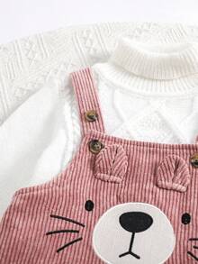 SHEIN Conjunto de ropa de bebé recién nacida niña, pantalones peto con estampado de dibujos animados de pana versátil y linda, mono, para otoño/invierno - Rosa - Ver 6