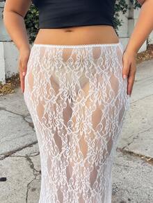 Nezia Cruz 休闲纯色针织蕾丝低腰鱼尾下摆半身裙 - 白色 - 查看 6