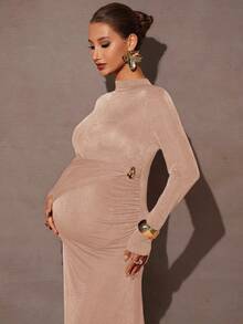 MaterniChic Maternity Gold Autumn Elegant Formal Solid Color Stand Collar Long Sleeve Ruched Fitted Midi Dress,Champagne Beige Nude Dresses For Women - Apricot - View 7