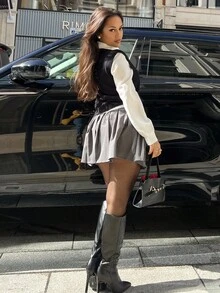 NegzBox 女款純色休閒百褶中長裙 - 灰色 - 查看 2