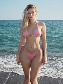 Turnttoni Summer Women's Halter Neck Tie Back Bikini Top And Bottom 2 Pieces Pink Bikini