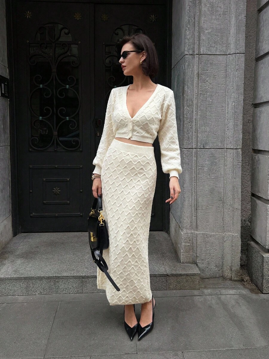 SHEIN Unity 2 件套女士纯色休闲意大利波浪图案优雅长袖毛衣套装,秋冬 - 杏色 - 查看 1
