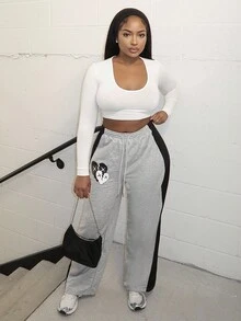 Alexandranx 女士前系带纯色花卉印花休闲街头风格运动裤 - 彩色 - 查看 1