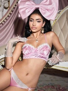 FairyFlirt Pink Satin Lace Patchwork Ruffled Bow Decor Underwire Bra, Sweet & Cute, Suitable For Outerwear