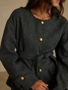 GENKIRA Elegant Versatile Solid Color Jacket With Round Neck, Button Decoration, Sleeve Cuff Decoration, And Waist Belt Decoration, Suitable For Commuting - Black - View 1