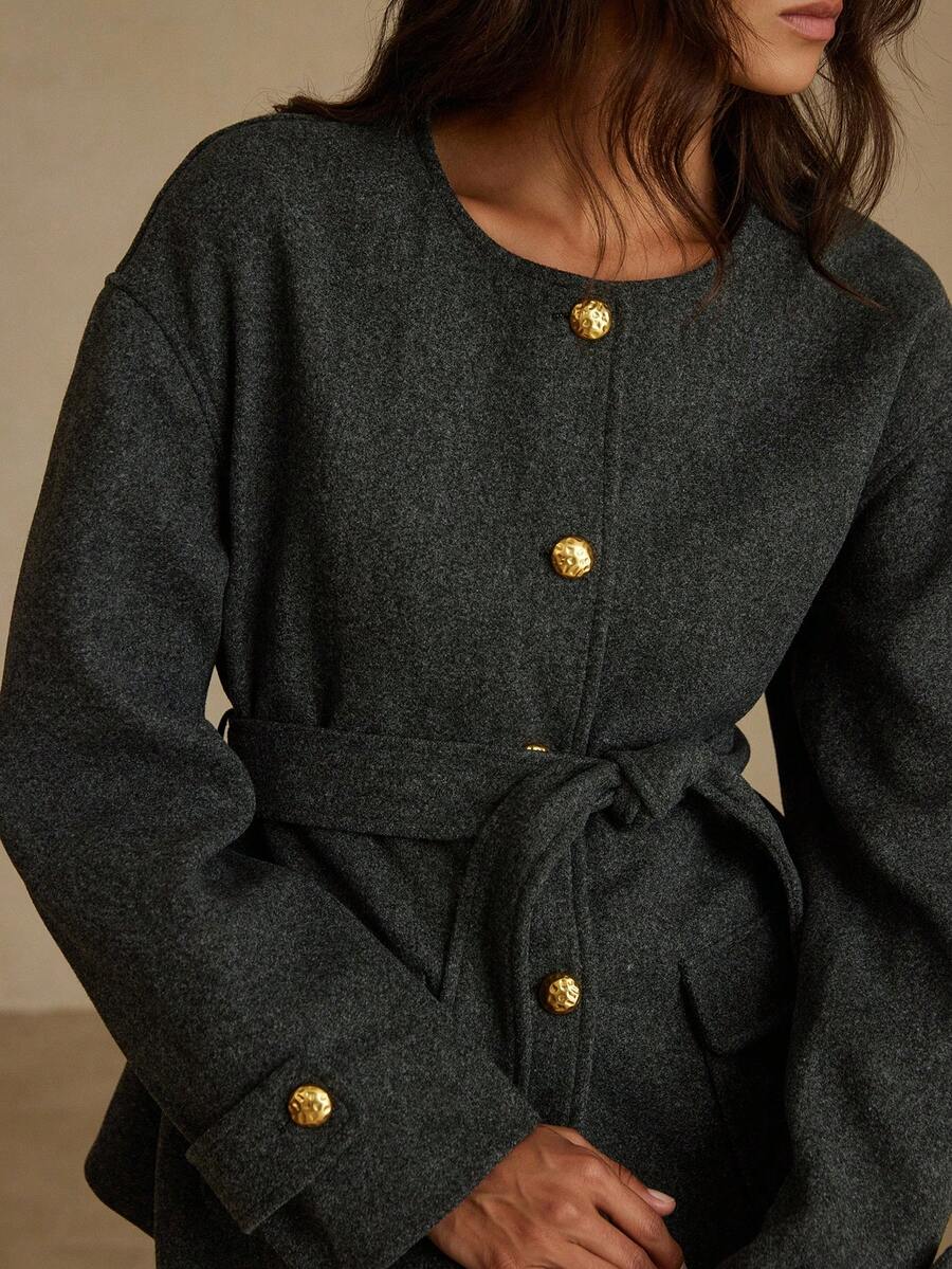 GENKIRA Elegant Versatile Solid Color Jacket With Round Neck, Button Decoration, Sleeve Cuff Decoration, And Waist Belt Decoration, Suitable For Commuting - Black - View 1