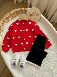 SHEIN Baby Girl Casual Heart Pattern Button Front Sweater And Pants Set, Autumn/Winter - Multicolor - View 7