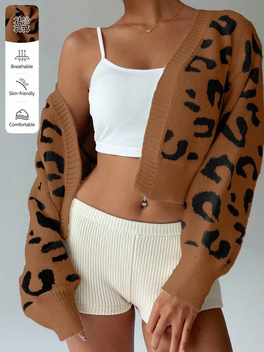 SHEIN MOOSTA Cardigan Longgar Kasual Motif Leopard dengan Bukaan Depan, Musim Gugur/Dingin - MultiWarna - View 1