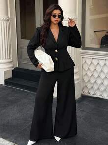 Calvaya Plus Size Women Metal Button Decor Long Sleeve Jacket And Pants Casual Commuter Suit Set Fall Cloth For Women Autumn - Black - View 5