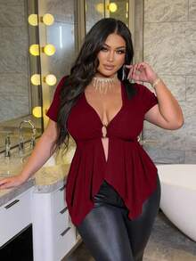 NU&NOW Áo thun tay ngắn cổ tròn in họa tiết kim loại, thiết kế cổ sâu cỡ lớn dành cho nữ, thanh lịch cho mùa hè - Đỏ - Xem 3